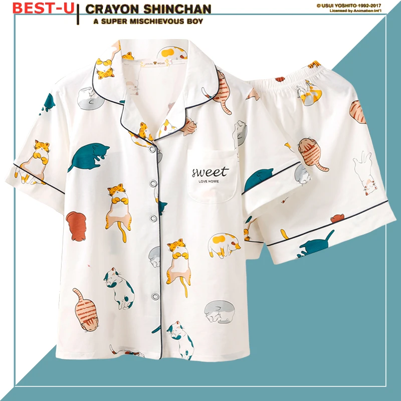 Летние женские хлопковые Пижамные комплекты Caiyier милые белые пижамы с коротким