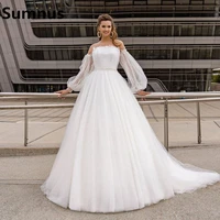 sumnus vintage wedding dresses puff sleeves appliques lace off the shoulder wedding boho bridal gown with belt 2021