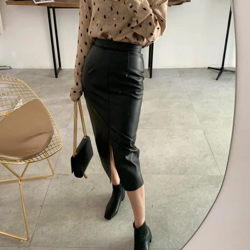 Autumn and winter women's skirt casual solid color faux leather | Женская одежда