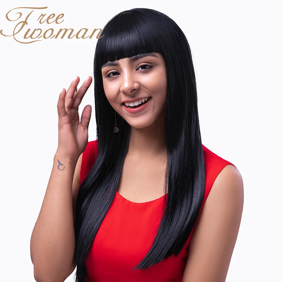 FREEWOMAN длинные прямые волосы с челкой синтетические винно-красные парики