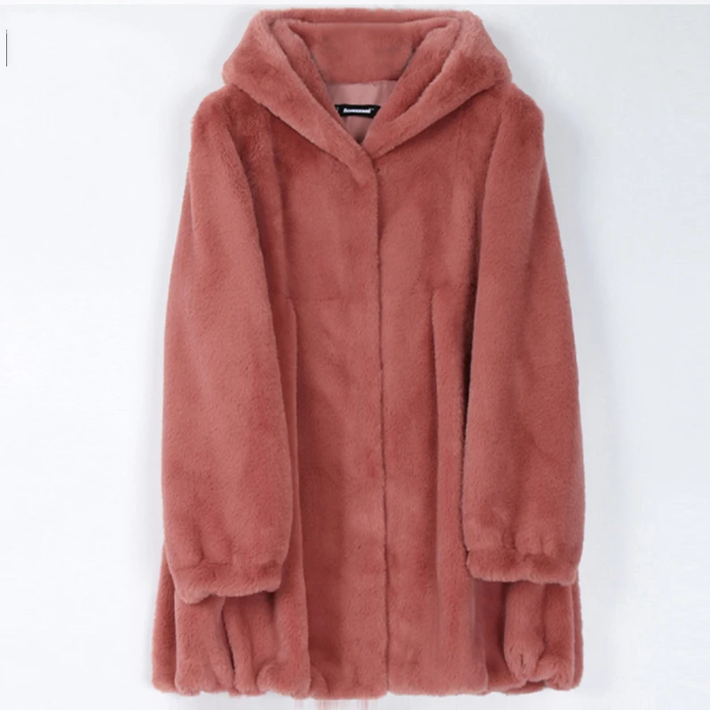 

Women Faux Fur Coat Hooded Fluffy Cashmere Ruched Jackets Plus Size Loose Korean Casual Thick Warm Outerwear