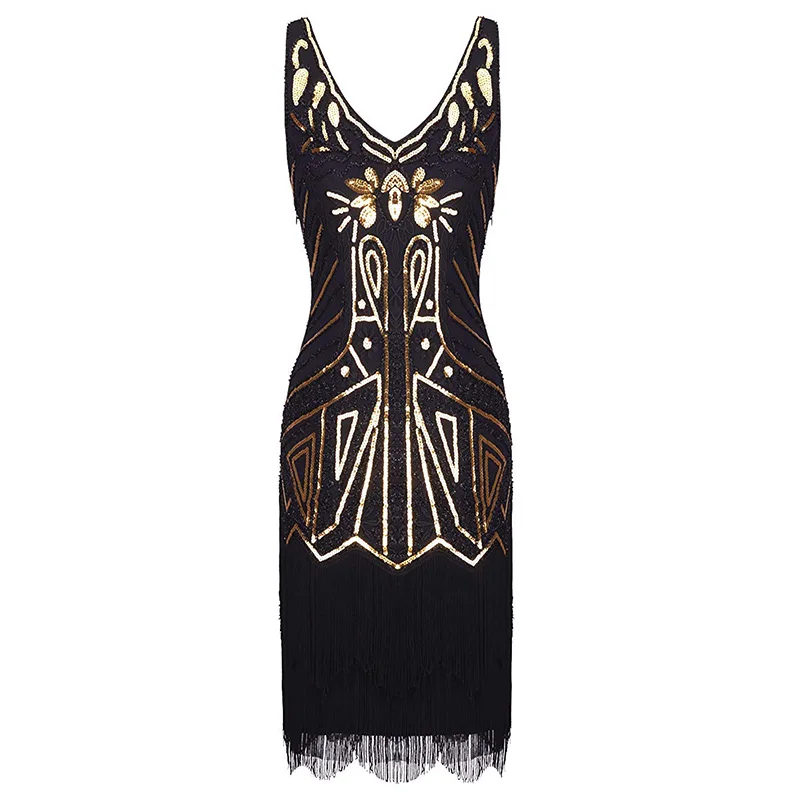 Black Gold Set Женские Хлопушки платья 1920s бисером бахромой платье Грейт Гэтсби w/Набор аксессуаров xs-xxl - Цвет: Black Gold Set