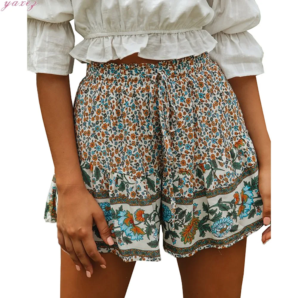 Women Summer Mini Skirt Ruffles Elastic High Waist Print Boho Beach Holiday Short Skirts Wear Vintage Loose Female Shorts | Женская