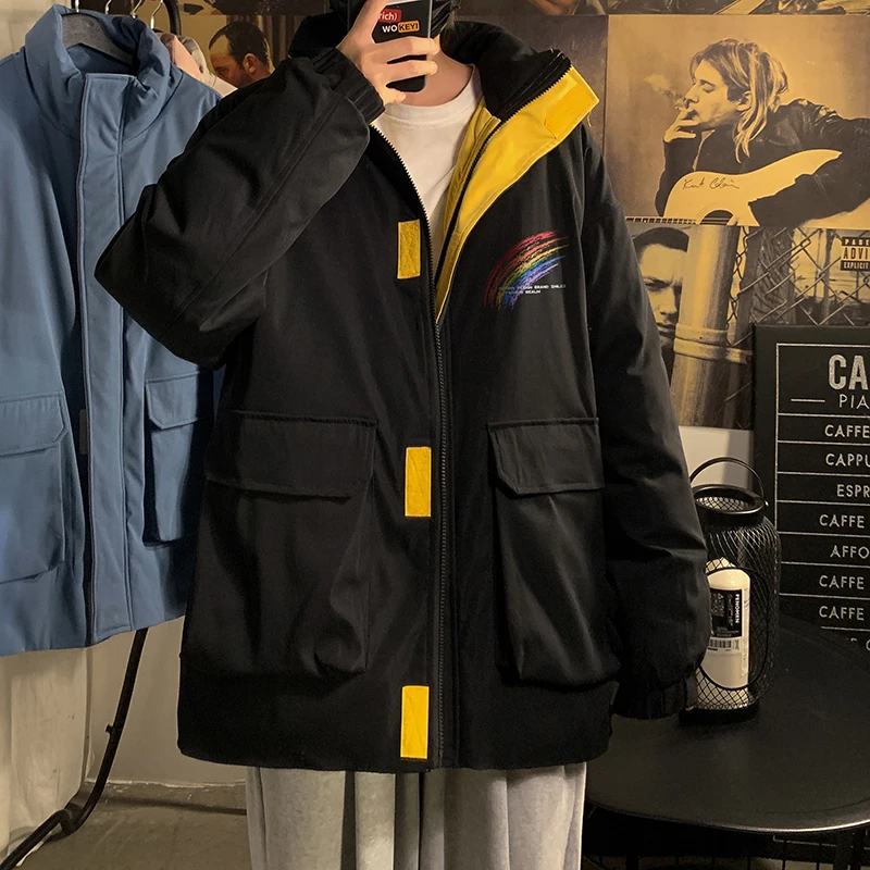 

Winter 2020 new men's loose thick stand collar cotton padded jacket youth fashion leisure long solid color rainbow printed coat