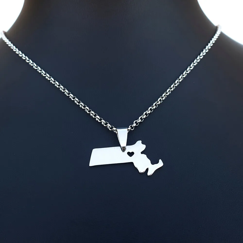 

Stainless Steel Massachusetts State USA Map Necklace Pendant USA American Men Women Fashion Jewerly