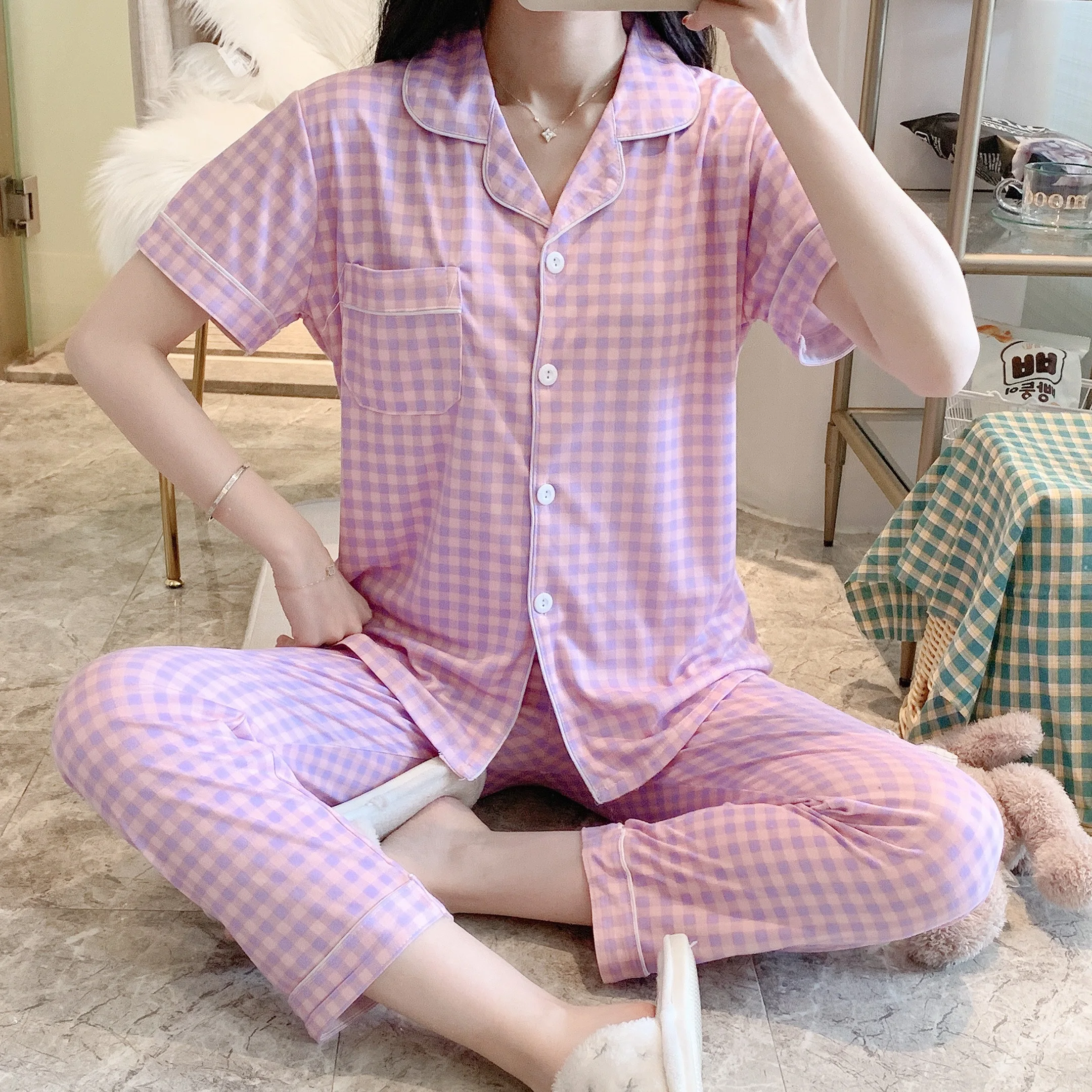 CAIYIER 2021 New Classic Plaid Pajamas Set Summer Women Nightwear  Short Sleeve Korea Minimalist Loose Sleepwear Homewear Suit