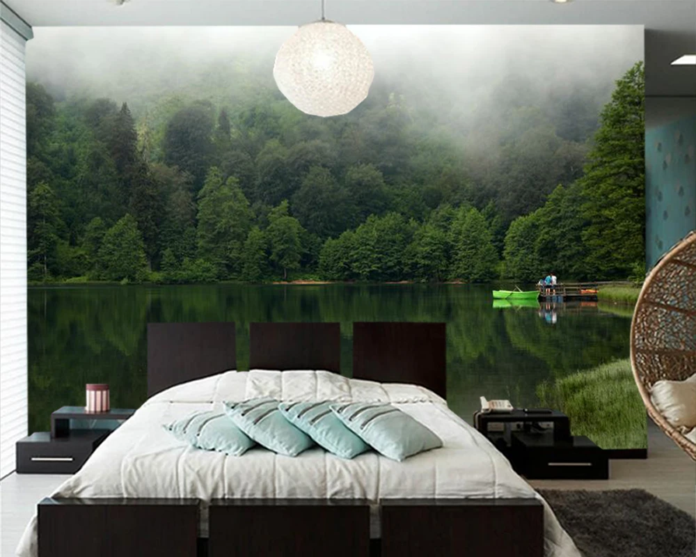 Papel де parede туманный сосновый лес озеро природный ландшафт 3d обои росписи гостиная