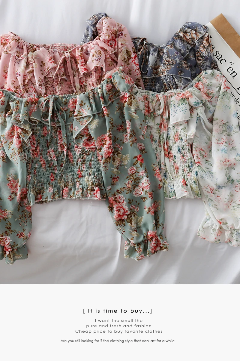 

New one-shoulder floral lace tie ruffled chiffon shirt female pleated was thin puff sleeve bottoming shirt