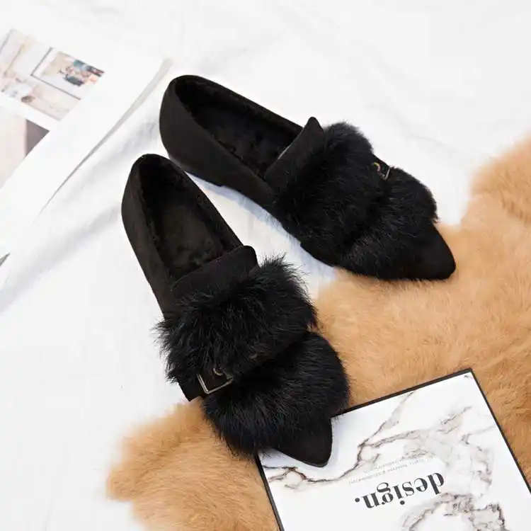 

2020 autumn and winter new rabbit hair single autumn sharp hair shoes women's winter flat bean boots