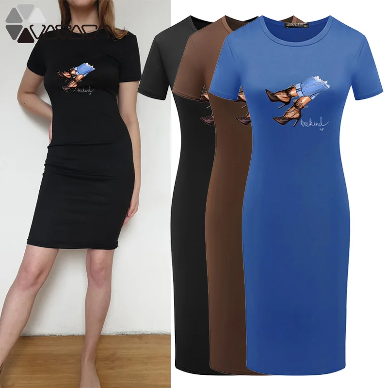 

Sweet Bodycon Dress High Heels Print Slim O-Neck Summer Short Sleeve Gowns Casual Black Party Pencil Dress Vestidos Robe Femme