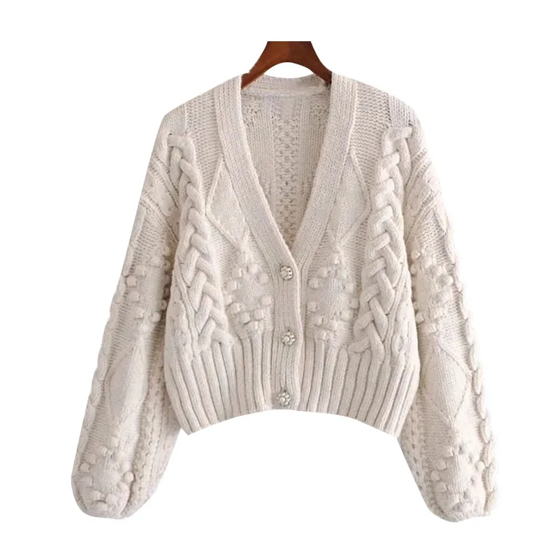 

Women 2021 Fashion Pompom Appliques Cropped Knitted Cardigan Sweater Vintage Long Sleeve Female Outerwear Chic Tops