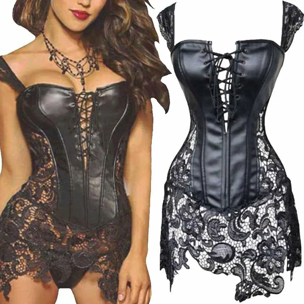 

Plus Size Lace Leather Corset Bustier Fashion Women Lace-Up Top Lingerie Shapewear Dress For Wedding Party Girl R0I1