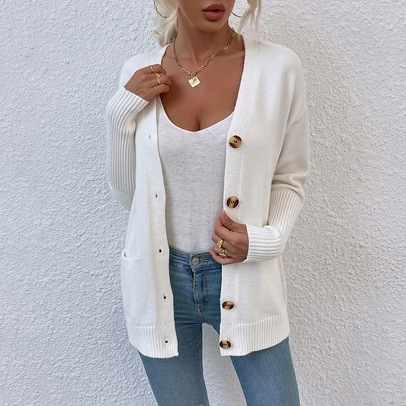 

Fashion Womens Sweater New Casual Hot Sale V-neck Single-breasted Cardigan Solid Color Loose Knit Long-sleeved Sweater Donsignet