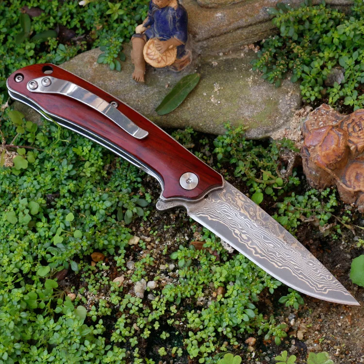 Дамасский складной нож ручка из красного сандалового дерева для кемпинга и