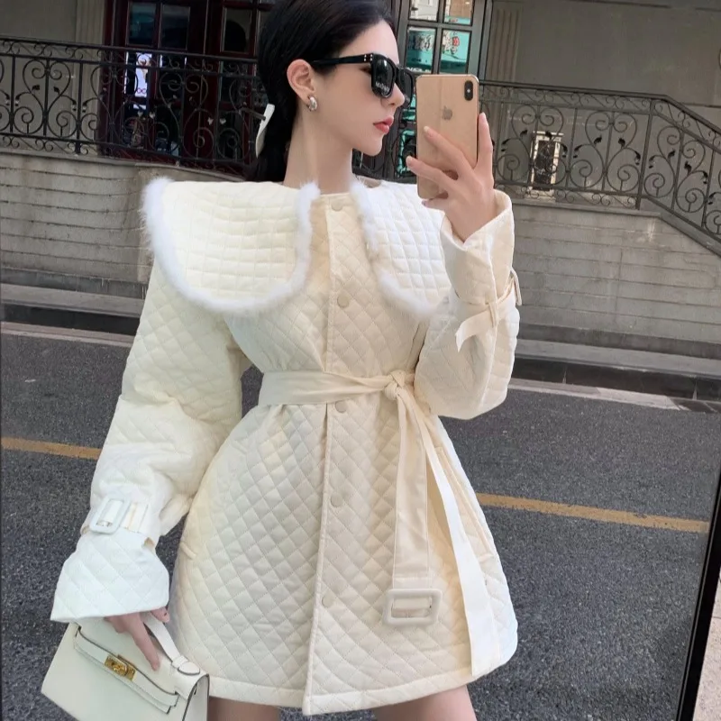 Женская куртка 2022 зимнее Стеганое пальто средней длины со шнуровкой и шерстяным