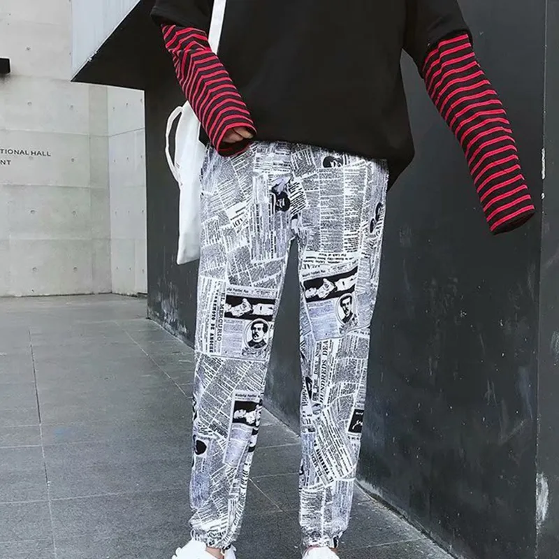 Женские строгие брюки с принтом газет в стиле хип-хоп эластичные женские высокой