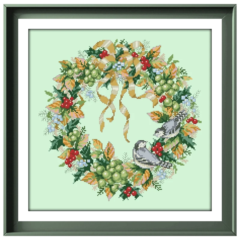 

Nature's bounty wreath cross embroidery kit fruit pattern design 18ct 14ct 11ct light green canvas Cross-stitch DIY needlework