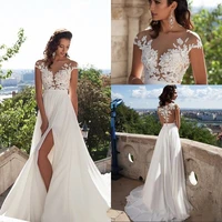 sexy beach chiffon wedding dress a line 2021 top lace appliques side split bohemian boho wedding gowns cap sleeve custom made