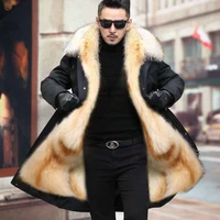hanzangl mens fur coat 2020 winter high quality fashion with fur hooded lined thick warm parkas outerwear mid length with long