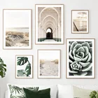 Настенная картина с песочными цветами монстеры, марокканская АРКА, дверь, настенная Картина на холсте, скандинавские плакаты и принты, настенные картины для декора гостиной