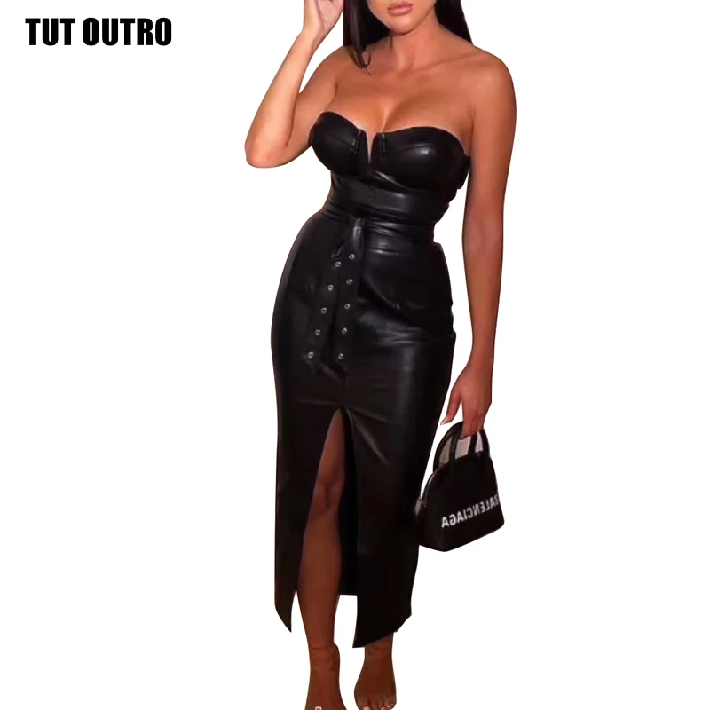 Summer Open Back PU Leather Dress Ladies High Split Black Tight Party Sexy Nightclub Wear Low-Cut | Женская одежда