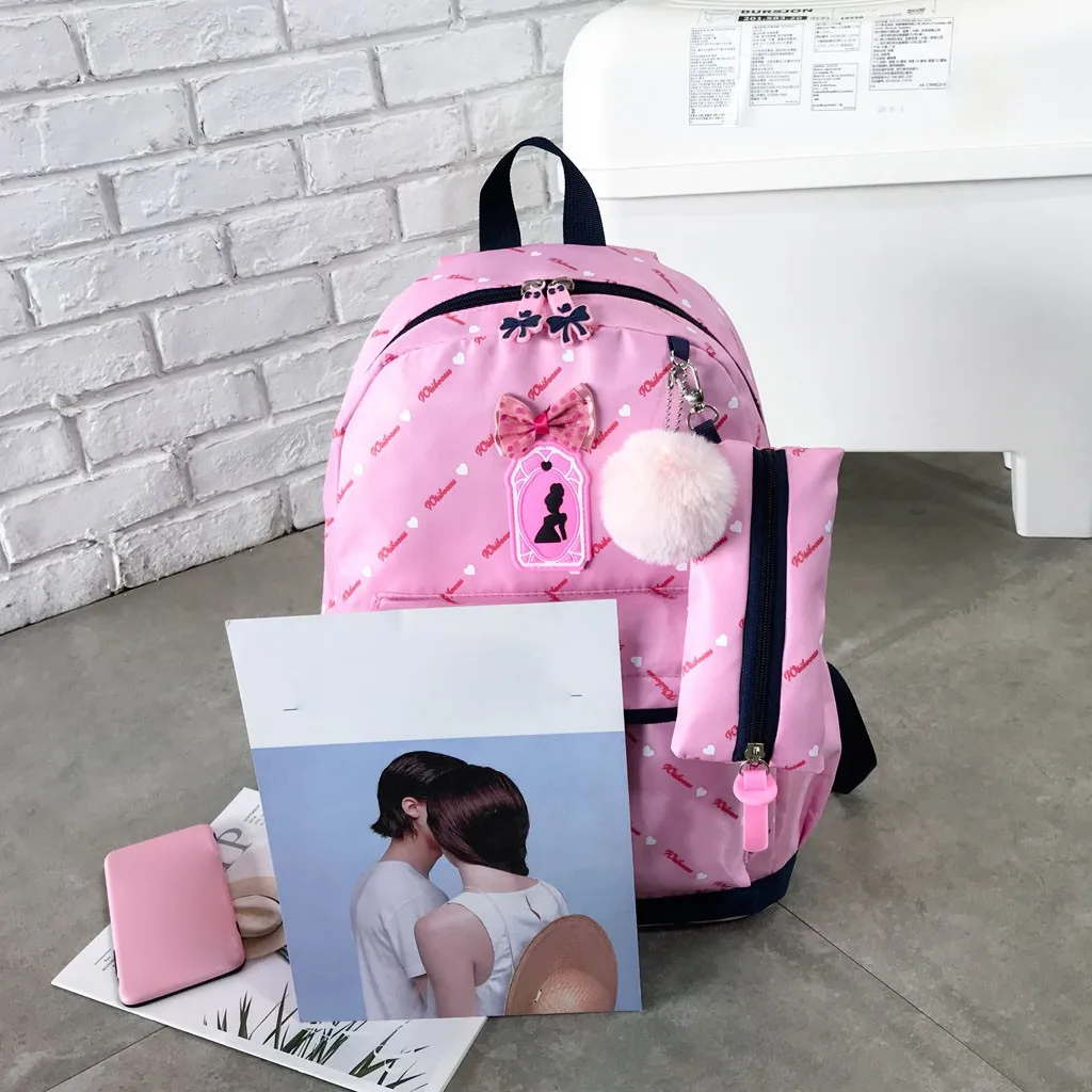 

Mummy Bag Women Three-Piece School Bag Print Backpack Bow Canvas Travel Backpack Tote Bag For Mother And Dugther Shool Bag