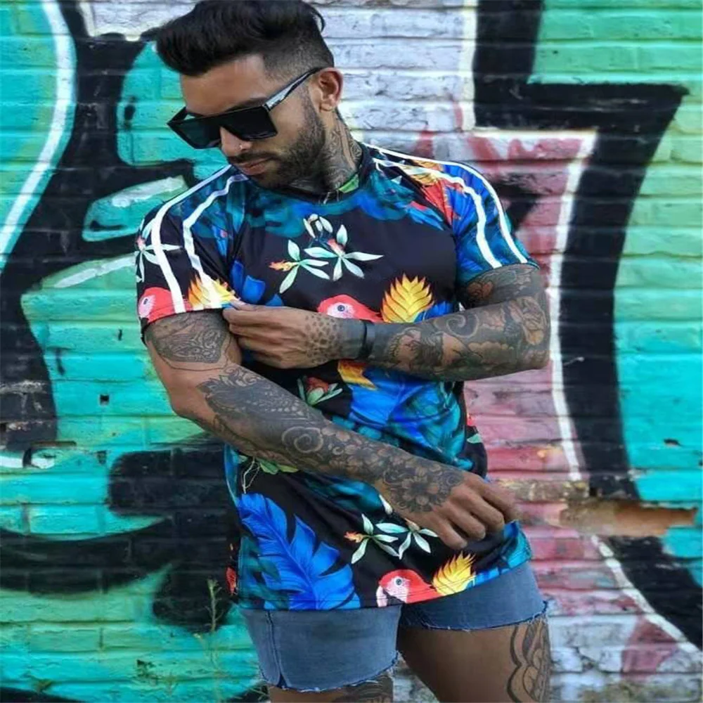 

2021 summer European and American fashion new men's 3D fashion round collar slim T shirt personalized print pattern men's short