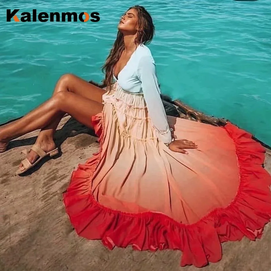 Maxi Dress Women Rainbow Gradient KALENMOS Summer Boho Long Sleeve Elegant Beach Cardigan Loose Ocean Chic Evening Party Vestido | Женская