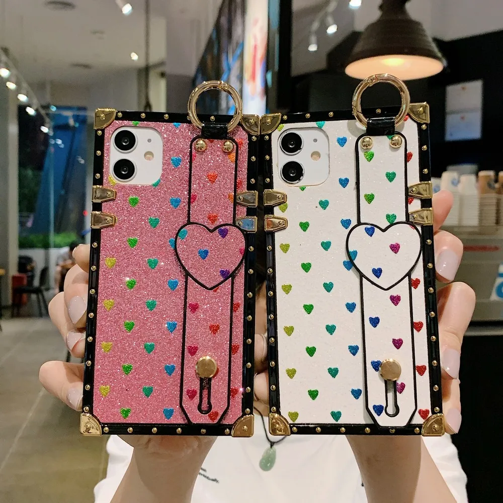 fashion glitter love pattern phone case with wristband for iphone x xs xr xsmax 11 11promax 7 8 8plus se2020 soft back cover free global shipping