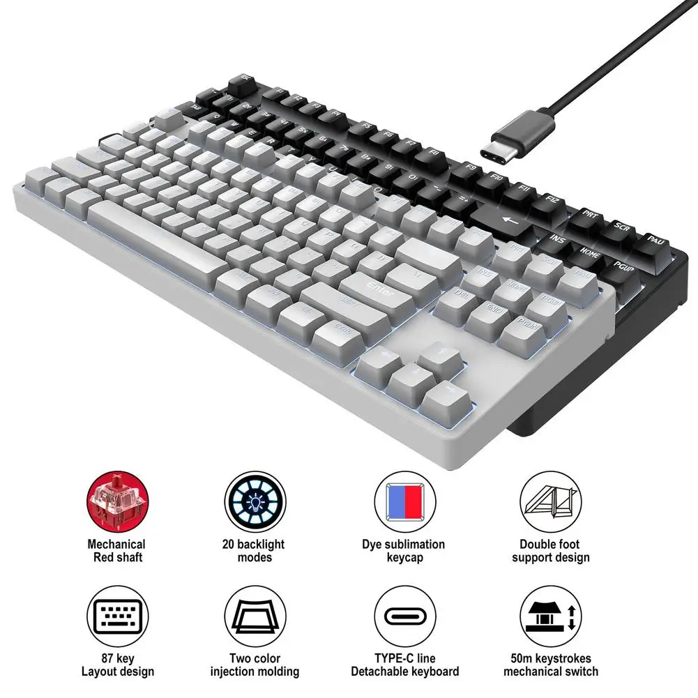 

Механическая игровая клавиатура с 87 клавишами, USB Проводная клавиатура с подсветкой светодиодный светодиодной подсветкой, сменная клавиат...
