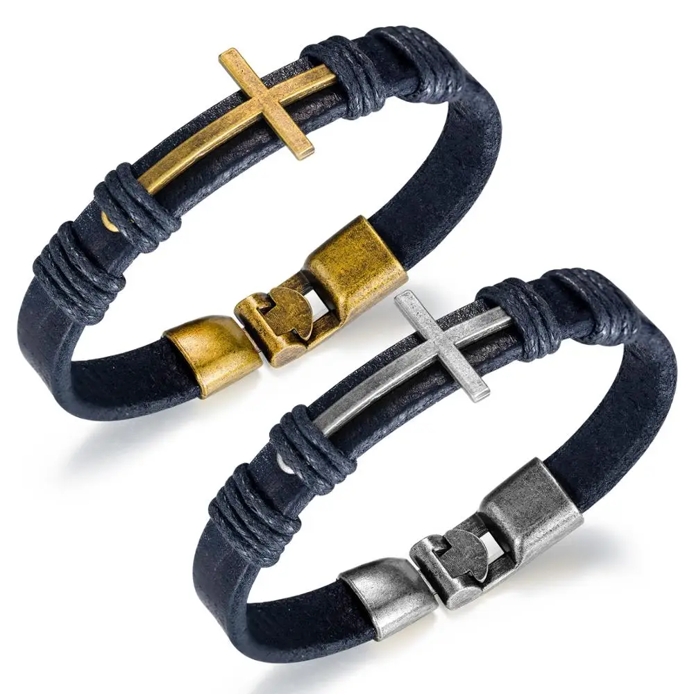 

Vintage Style Men Leather Bracelet Cross men Charms Stainless Steel Easy Hook Braided Bracelets Male Jewelry