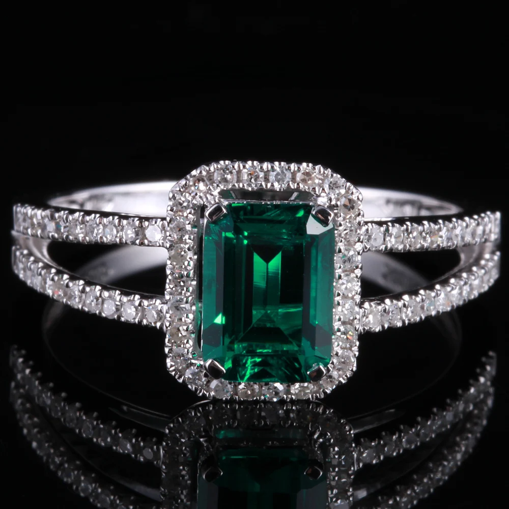 

Solid 14K White Gold Engagement Wedding Natural Diamond Ring Emerald cut 7x5mm 0.85ct Treated Emerald Gemstone Fine Jewelry Ring