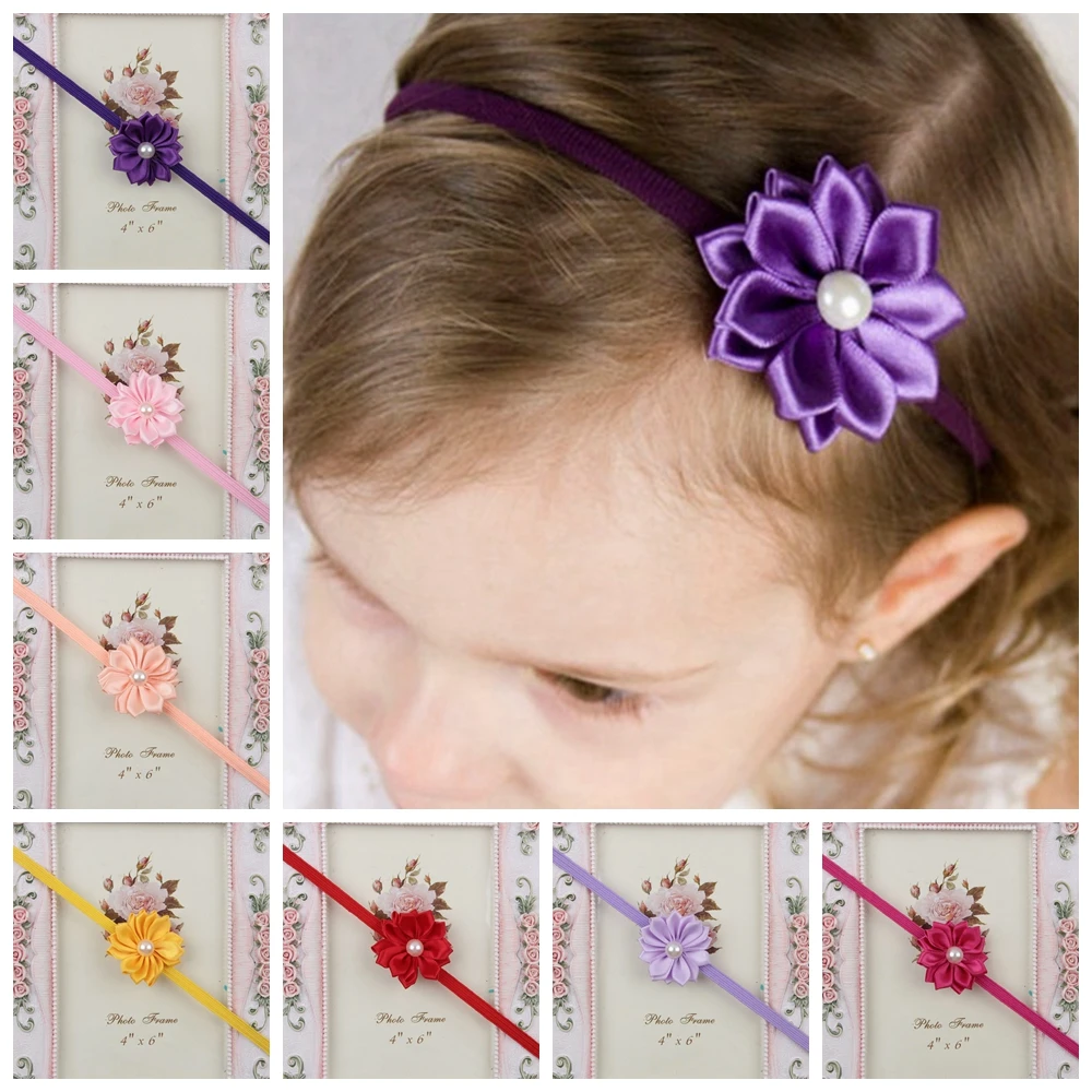 

10pcs/lot Solid Color Pearl Flower Baby Girls Headband Elastic Floral Headwear Princess Hair Accessories Children Birthday Gifts