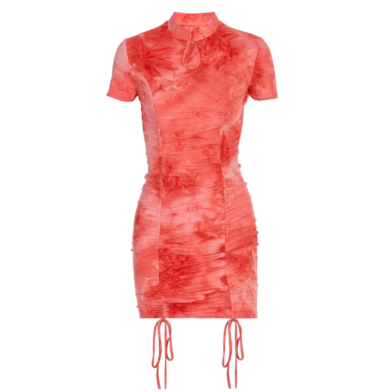 

Ruched Drawstring Sexy Party Dress Women Tie Dye short Sleeve Elastic Mini Dress Vintage Summer Bodycon Club Wear Vestidos