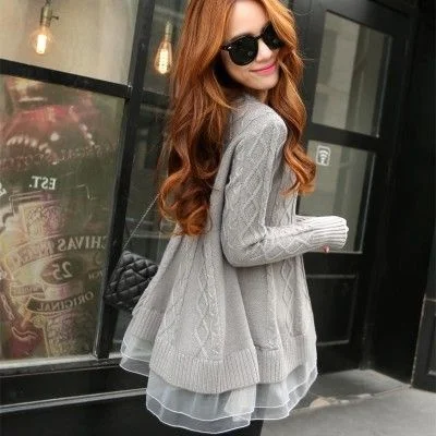 

JCHB весенний женский длинный тонкий свободный свитер с круглым вырезом в Корейском стиле кружевная куртка