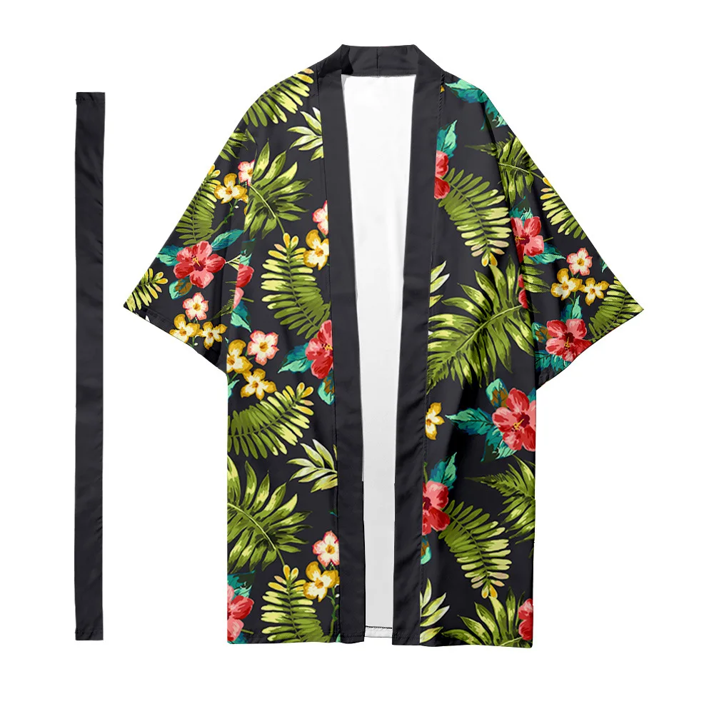 

Men's Japanese Long Kimono Cardigan Men's Samurai Costume Kimono Tropical Plant Pattern Kimono Shirt Yukata Outer Cover