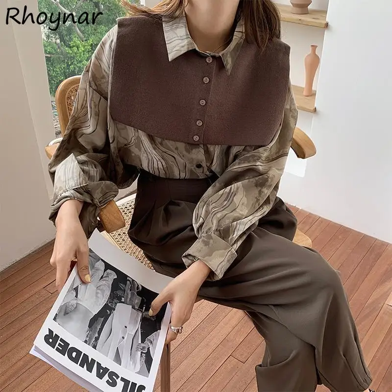 

Sets Women Korean Style Chic Vintage Print Lapel Shirts Retro Vest All-match Fashion Ins Ladies Shawl Outfits Design Temperament