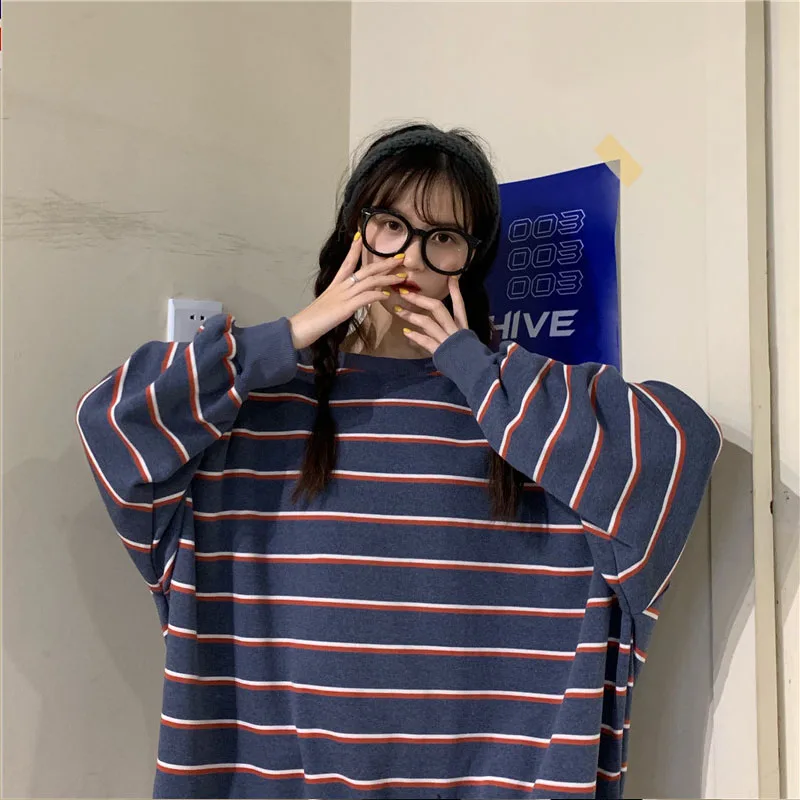 

Korean Striped Print Women's T-Shirt Stylish Loose Long Sleeve Round Neck Tees Women College Style Plus Size Spring Tops Ladies