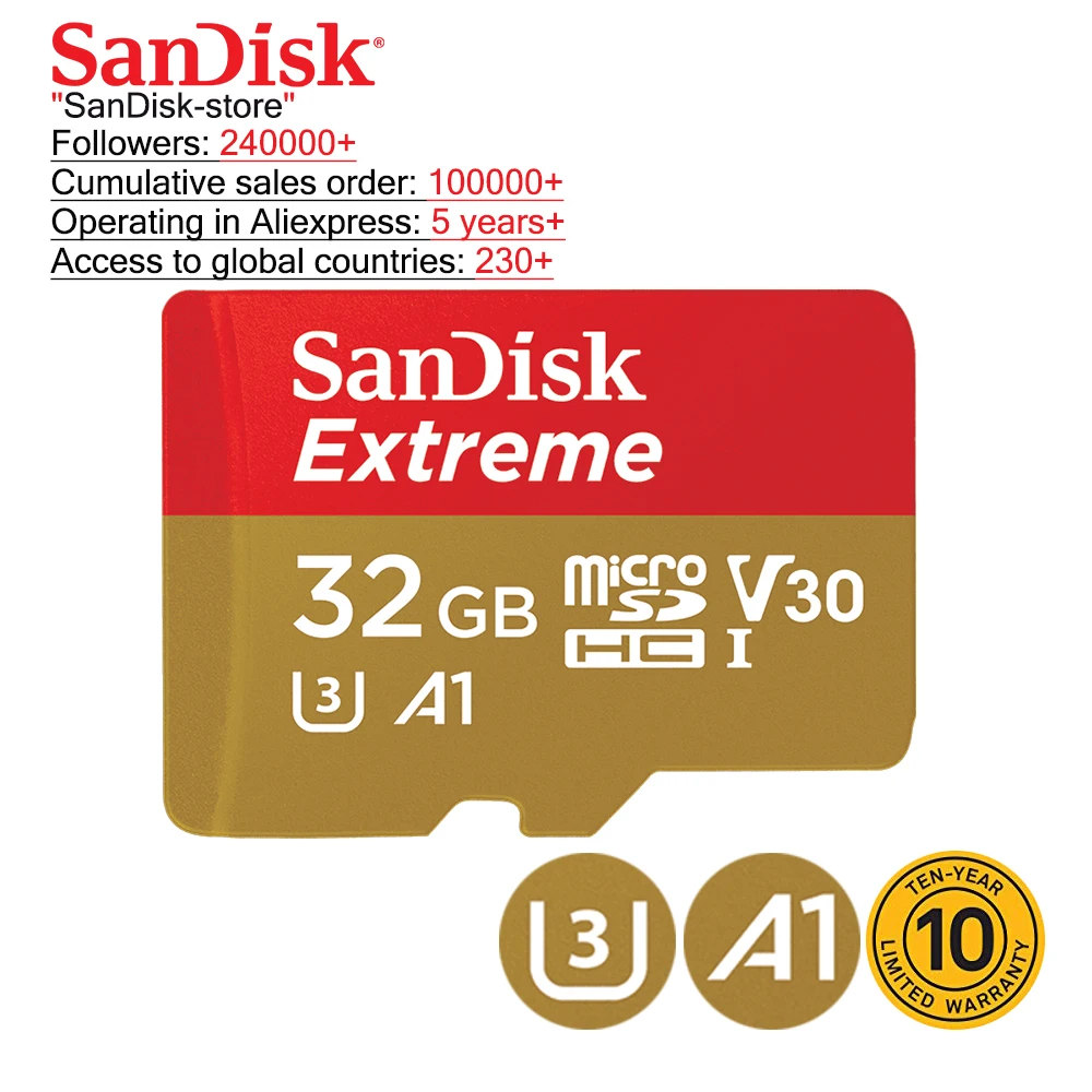 Карта памяти SanDisk Extreme, 100% Оригинальная Карта памяти SDHC Class 10 U3 micro SD TF-карта, 32 ГБ, 64 ГБ, 128 ГБ, 256 ГБ от AliExpress WW