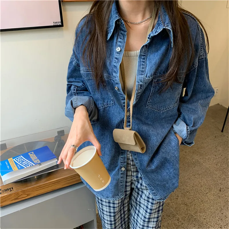 

HziriP Women Denim Jacket Solid Coat 2021 Autumn New Casual Female Cowboy Office Lady All-Match Vintage Fresh Loose Ladies Tops