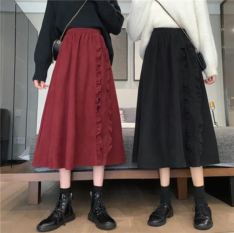 

Fashion Vintage Casual Loose Skirt Women's 2021 Autumn and Winter All-match Red Wine Tutu Skirt with Wood Ears Mid-length Skirt