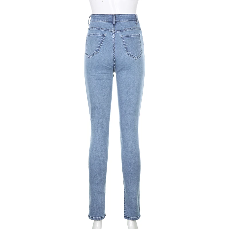 

Rapcopter Slim Jeans For Women Side Split High Waist Trouser Y2K Aesthetic Denim Pants Pockets Zipper Cargo Pants Streetwear 90S