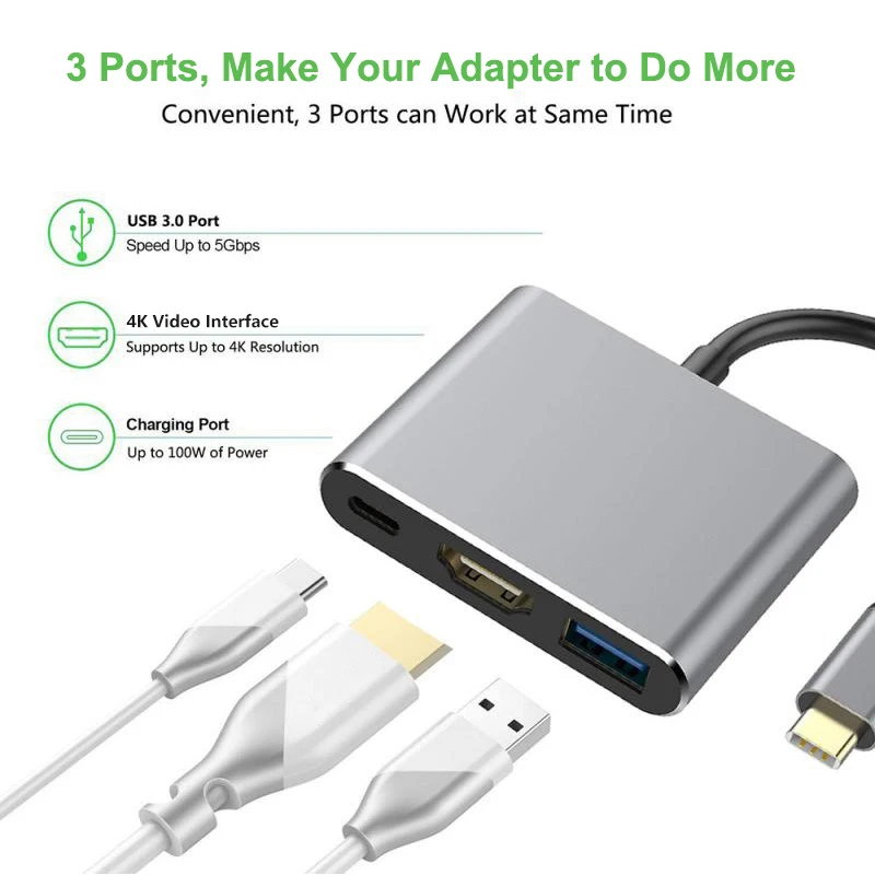 Адаптер USBC-Hdmi 3 в 1 совместимый с Apple Macbook монитором коммутатор Type C 30 Гц 4K
