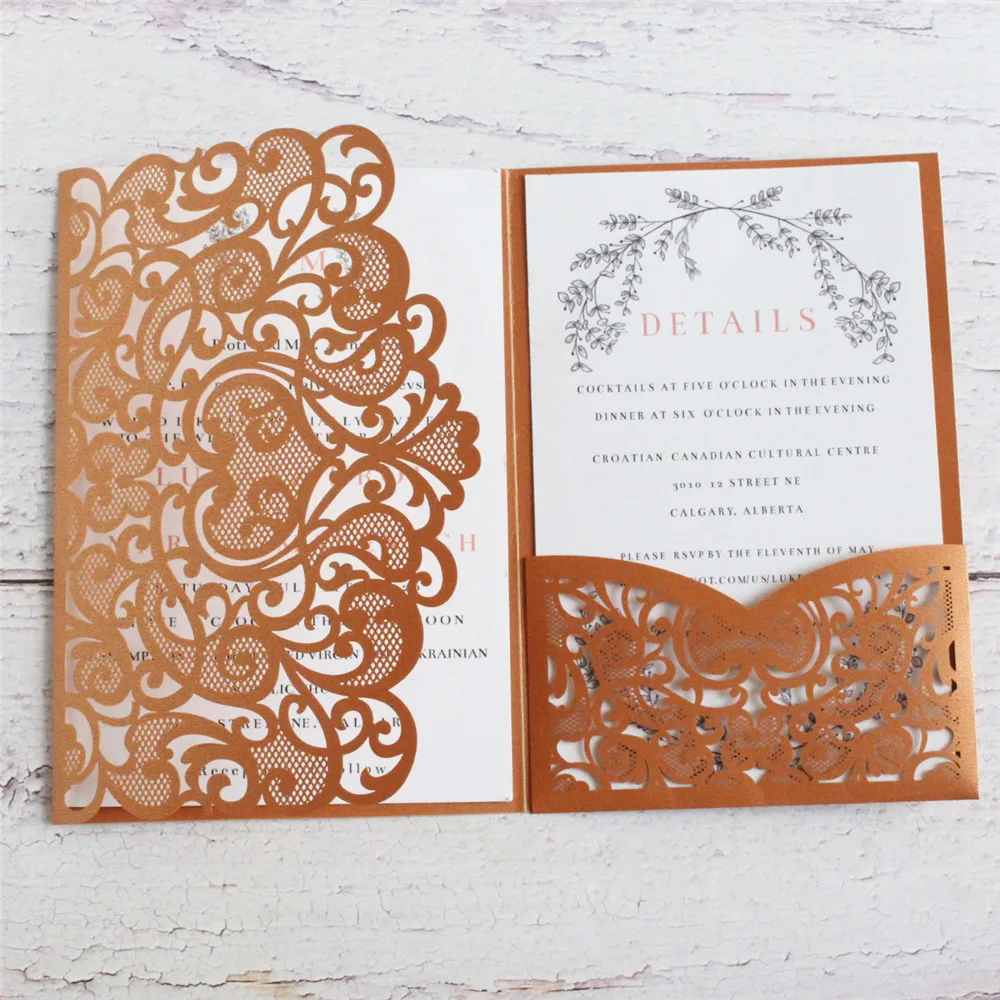 Лазерная резка свадебное приглашение Карманный цветок три сложения