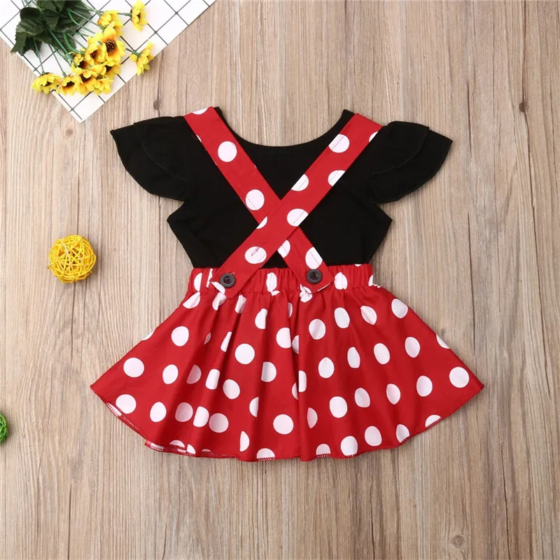 Conjunto de ropa para ni&ntilde;as peque&ntilde;as, camiseta sin mangas con volantes y lazo, falda con tirantes rojos, ropa de verano, 2 uds.-1