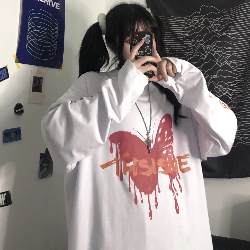 

Hip Hop Melting Butterfly Print Long Sleeve Base T-Shirt Emo Urban Top Bottomed Shirt Tee y2k Streetwear Pullover Grunge Clothes