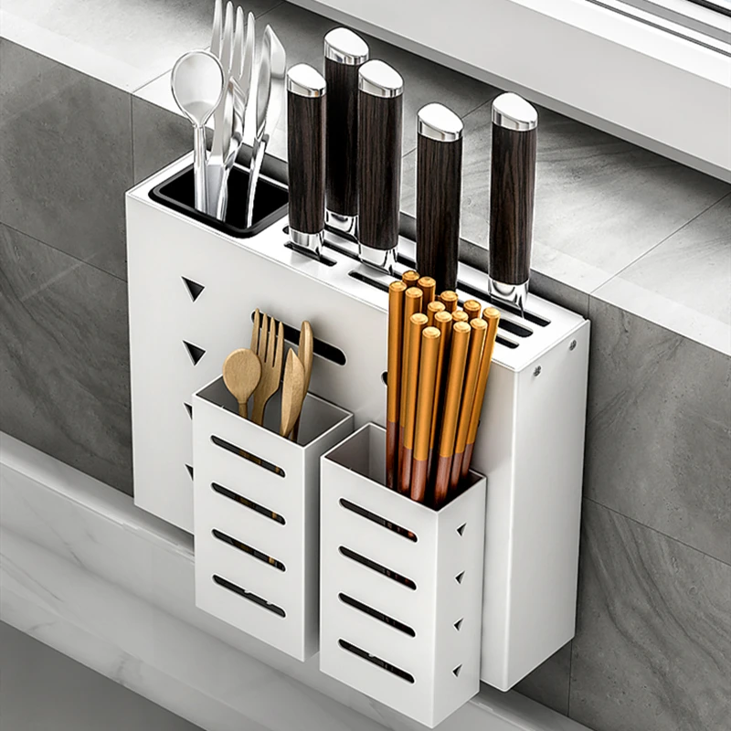 

White Aluminum Alloy Wall Mounted Stand Knife Holder Cutlery Storage Rack Spoon Forks Organizer Container with Drying Drainer
