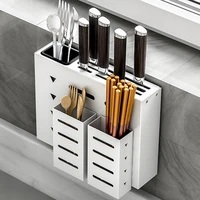 white aluminum alloy wall mounted stand knife holder cutlery storage rack spoon forks organizer container with drying drainer