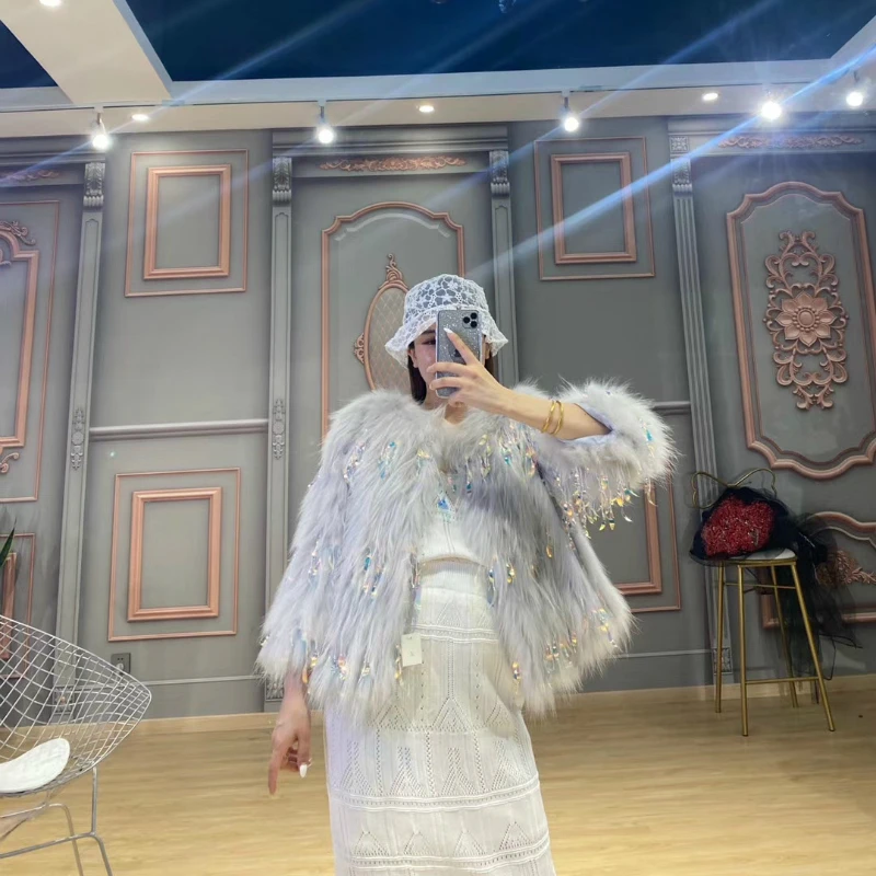 Женское пальто с мехом енота OFTBUY повседневное вязаное разноцветными ракушками