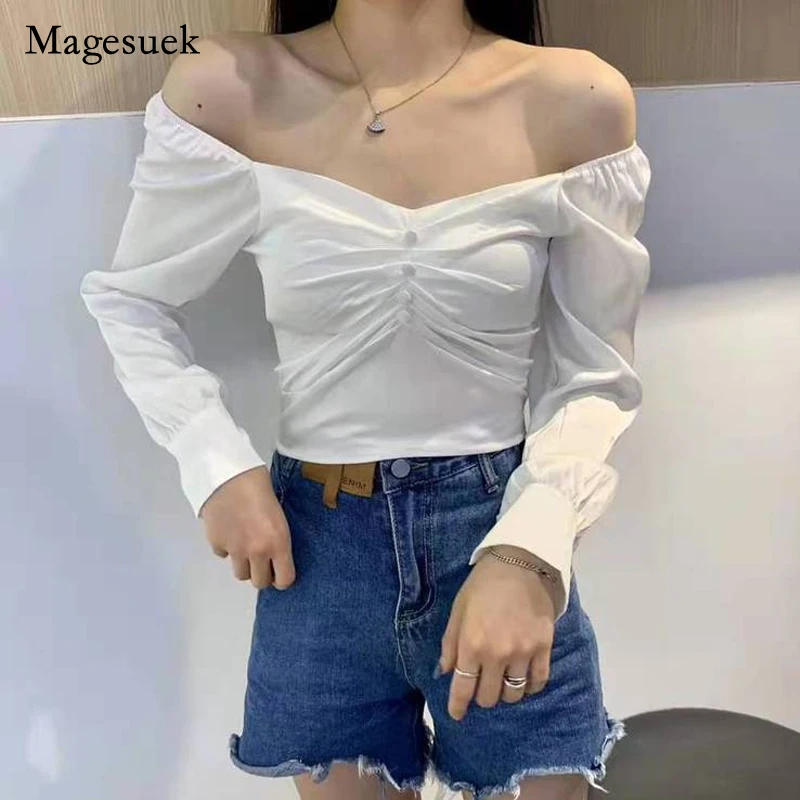 

2021 Summer New Solid Shirt for Women Off Shoulder Sexy Bubble Sleeve Fairy Tops Sweet Casual Slim Long Sleeve Shirt Blusa 15611